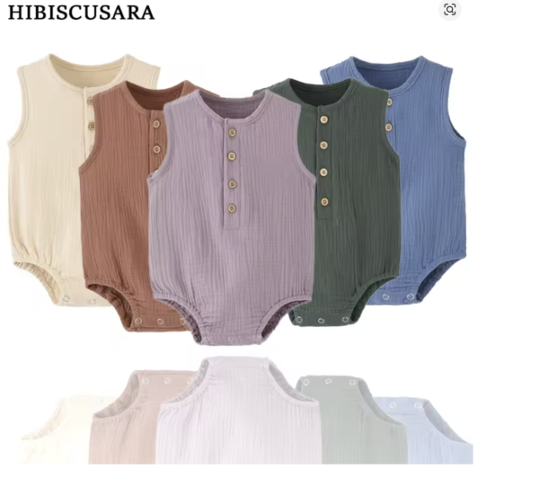 Summer Solid Newborn Baby 100% Cotton Linen Bodysuit - Image 4